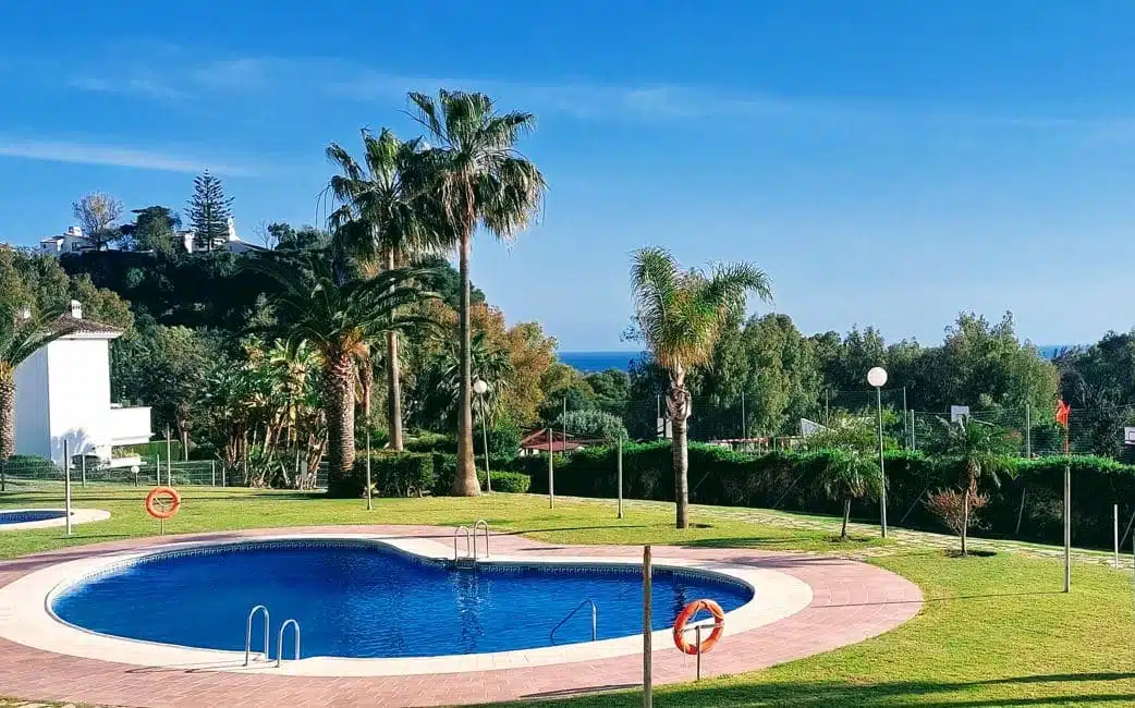 Piscine commune entourée de palmiers et de pelouse – appartement à louer, Casares Real, Casares (réf. AL003)