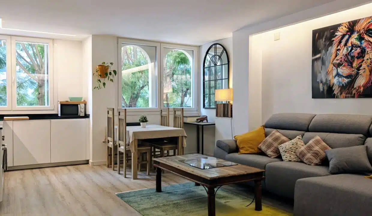 Open-plan living area with grey sofa, lion painting, dining table and kitchen – apartment for rent, Estepona town centre