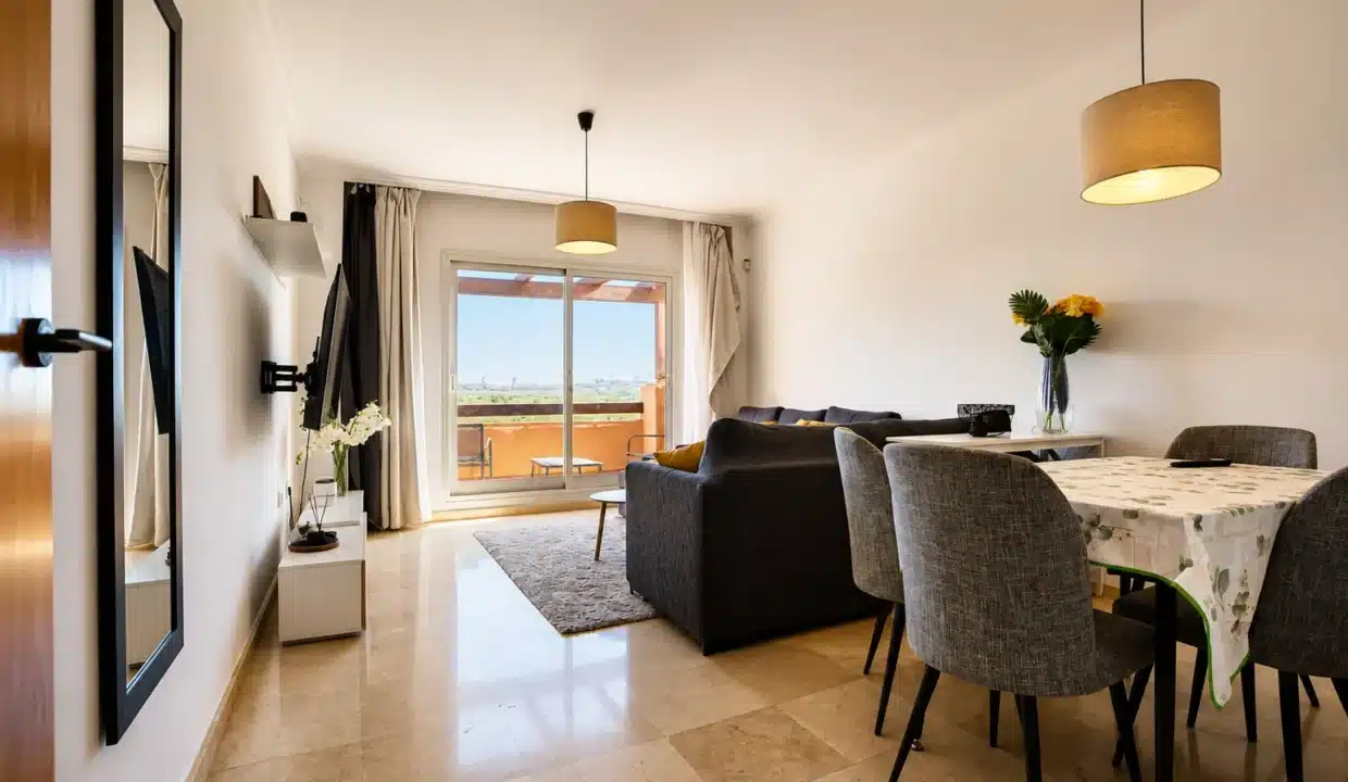 Salón-comedor con sofá gris oscuro – ático en alquiler, Casares del Sol, Casares (ref. AL013)