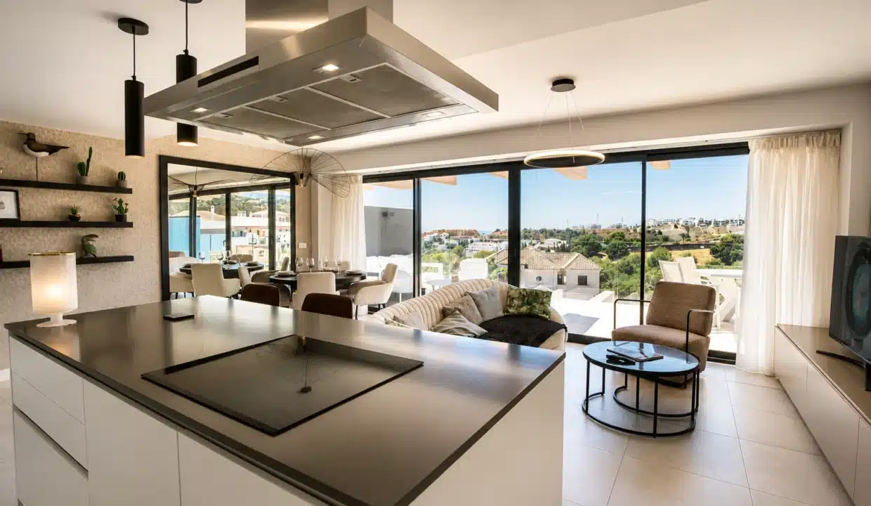 Cuisine ouverte avec îlot, salon et baies vitrées sur la terrasse – appartement à louer, Oasis 325, Estepona (réf. AL038)