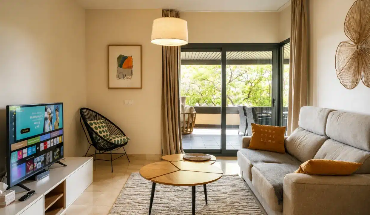 Salon avec canapé beige, coussins orange – appartement à louer, Hoyo 19, Benahavís (réf. AL055)